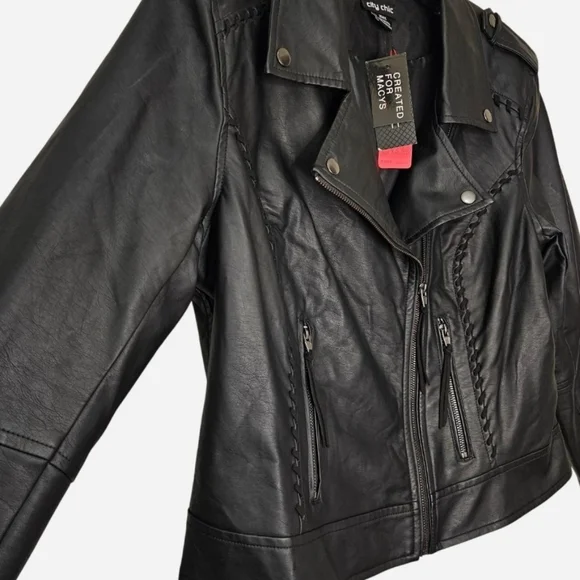 Black faux leather biker Jacket with braided details & zipper pockets womens XS - Picture 2 of 8